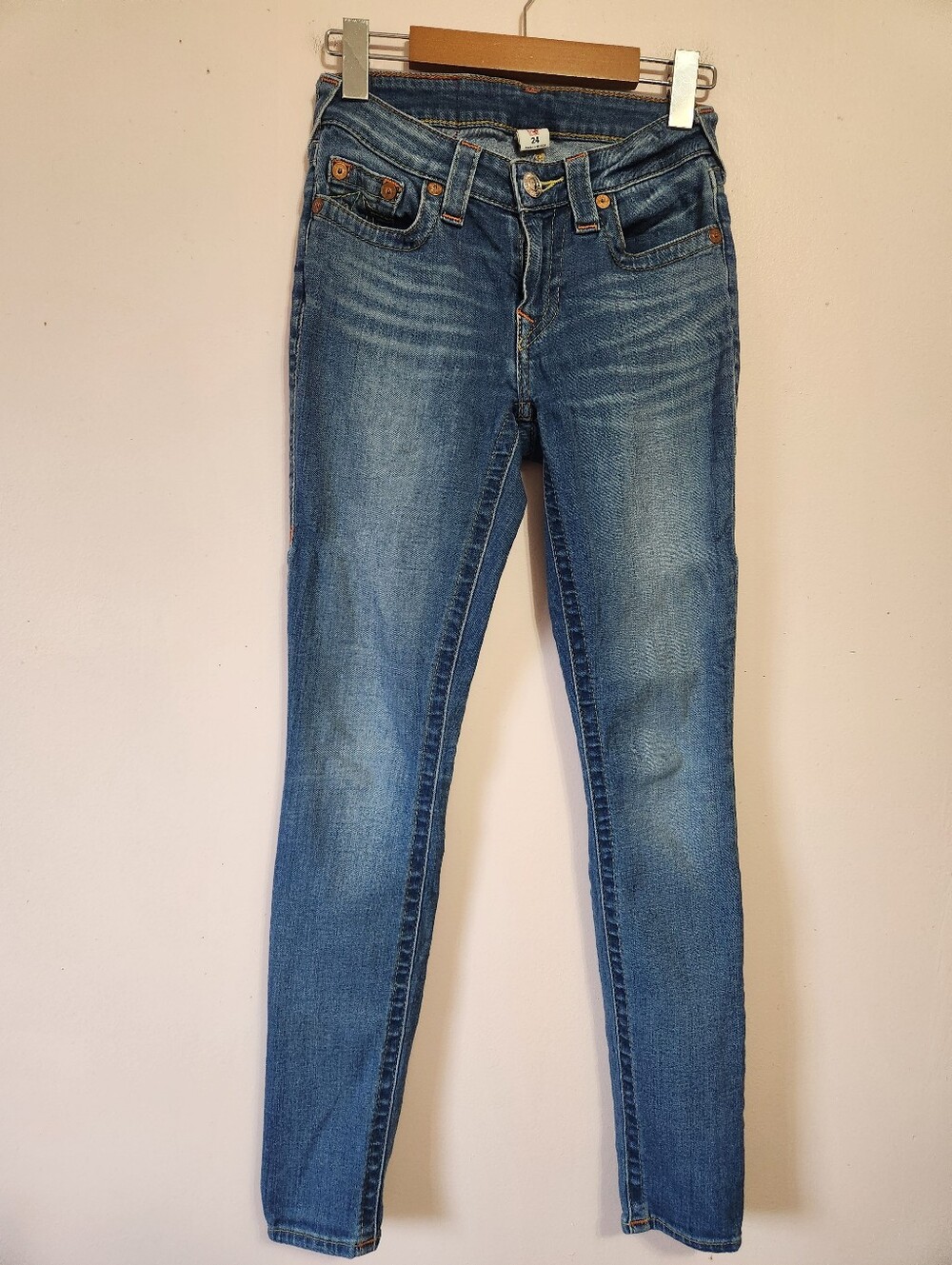 True Religion Section Skinny Jeans Size 24 Medium Wash Horseshoe Stitch